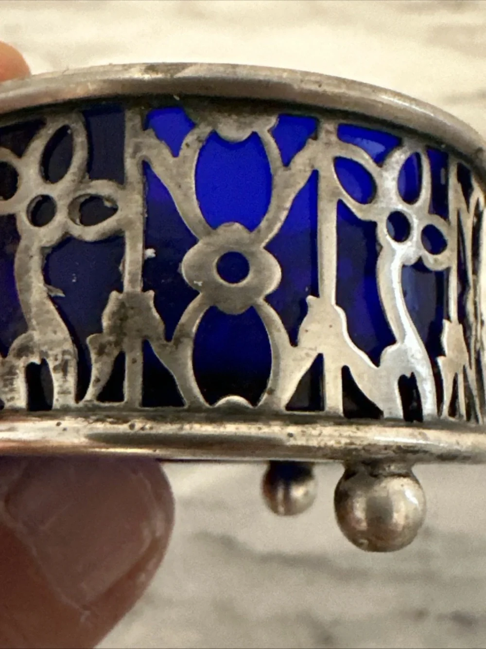 Antique sterling silver with cobalt blue glass insert salt cellar